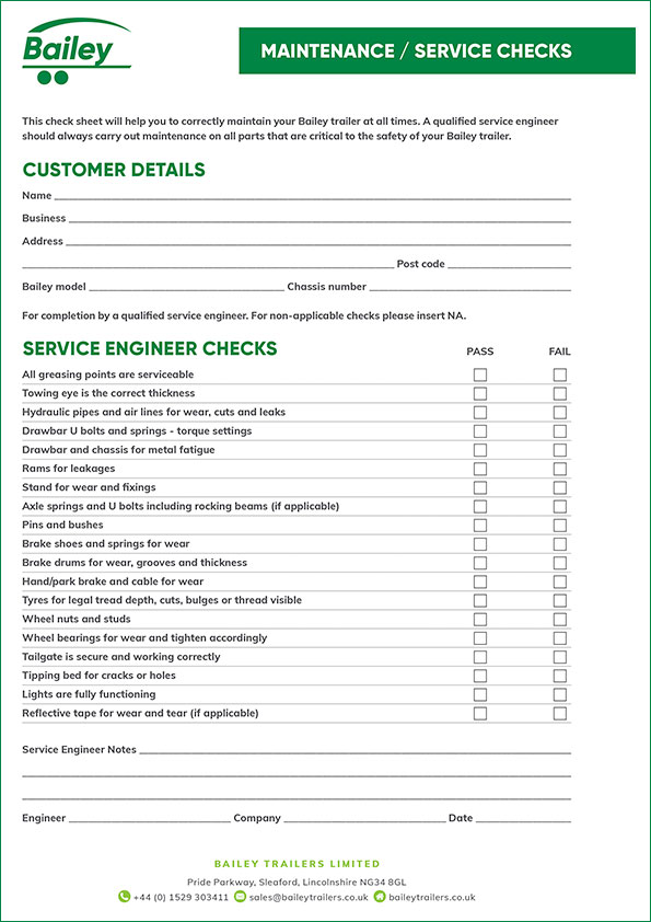 Bailey Trailers Maintenance Checklist